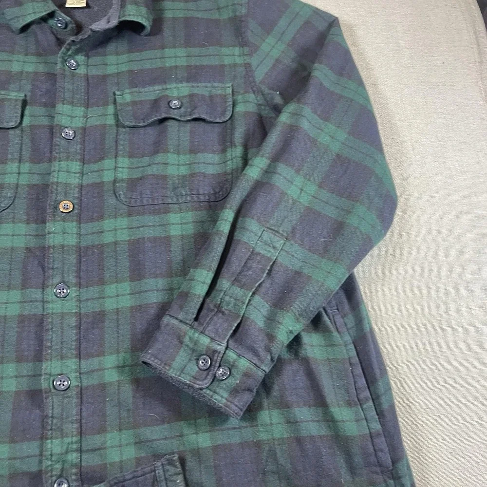 LL Bean Flannel Shirt Jacket Mens XL Fleece‎ Lined Green Tartan Plaid